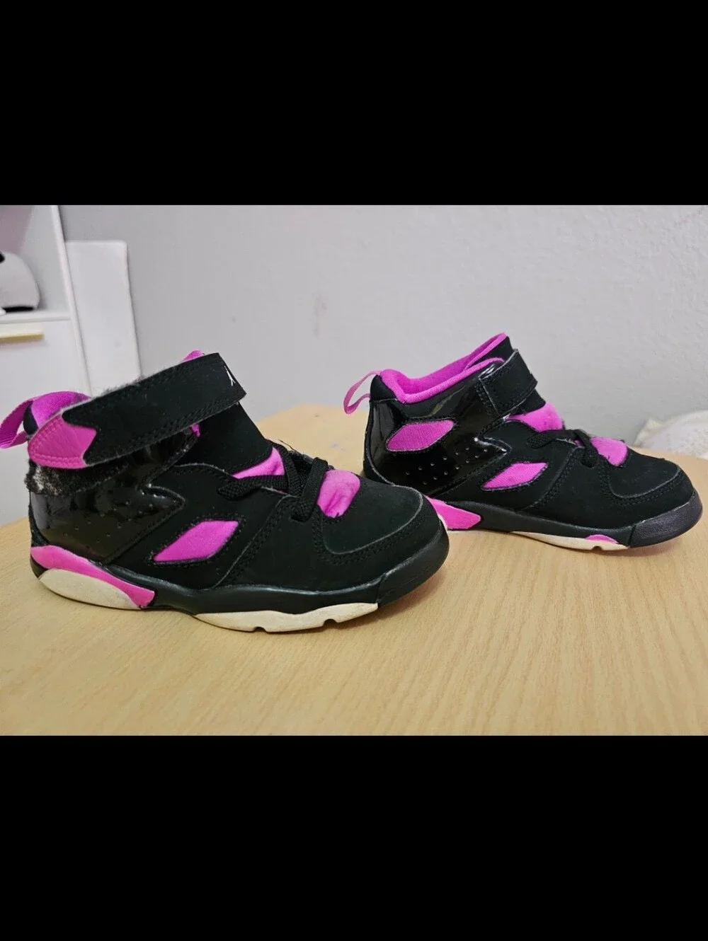 Jordan Kids Black and Pink High-Top Sneakers 9c